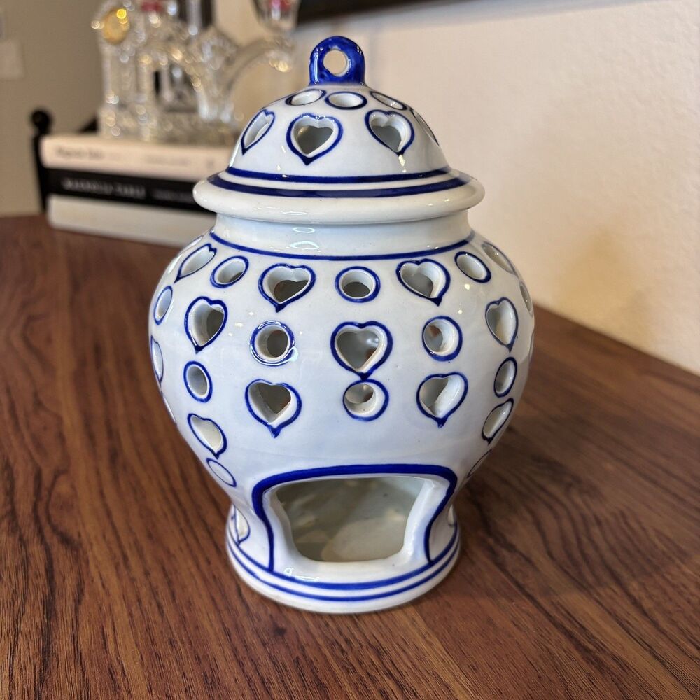 VTG Japanese Blue & White Heart Pierced Porcelain Ginger Jar Lidded Tea Light